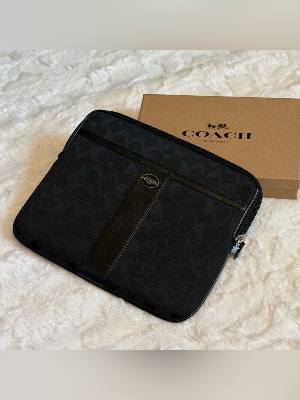 Coach Black Signature iPad Sleeve with Leather Trim